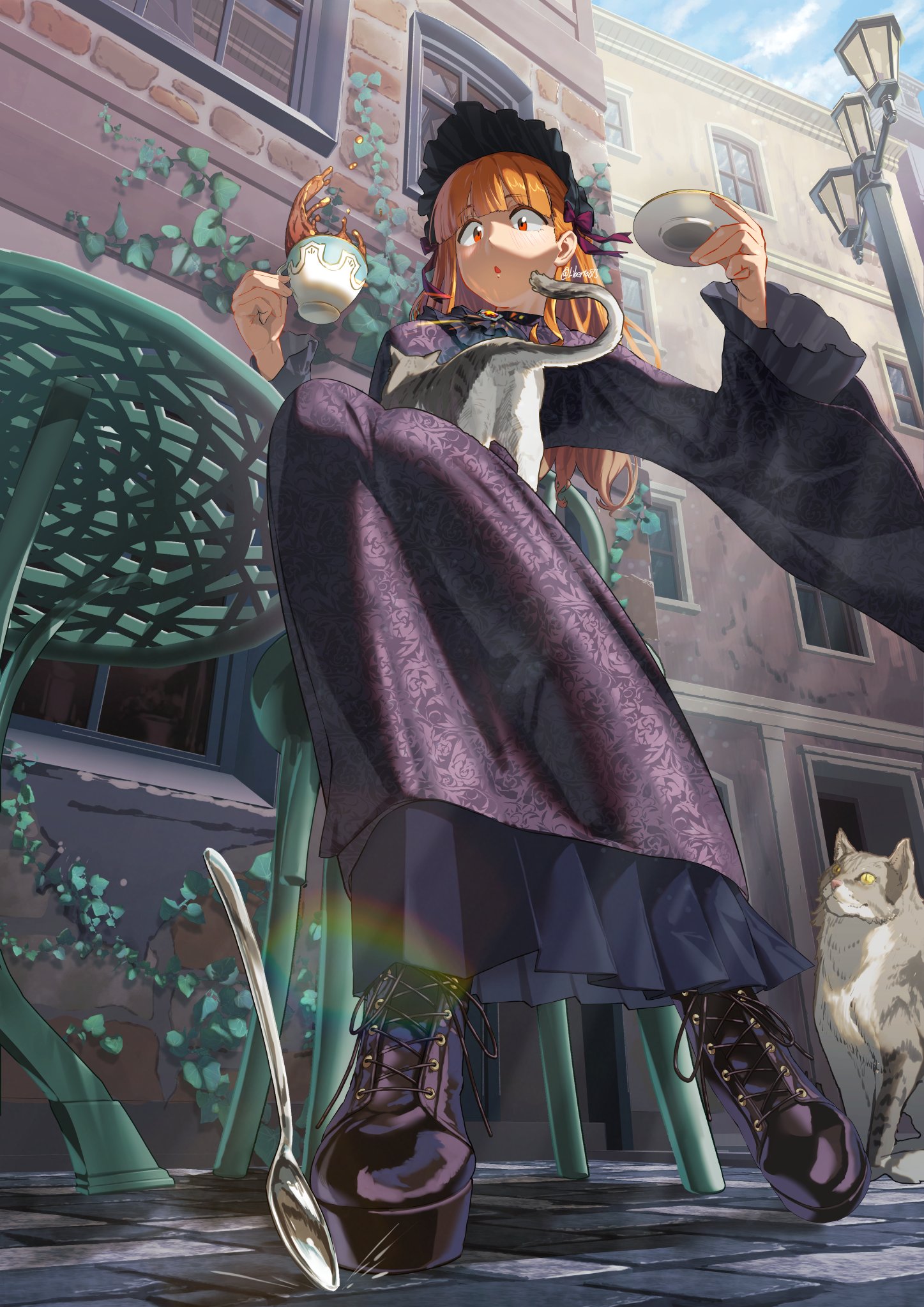 liberta815, takebe saori, girls und panzer, commentary request, highres, 1girl, :o, alternate costume, bonnet, boots, building, cat, cup, dress, from below, full body, holding, holding cup, holding saucer, lace-up boots, lolita fashion, long hair, orange eyes, orange hair, outdoors, saucer, sitting, sky, solo, spilling, surprised, tea, wide sleeves