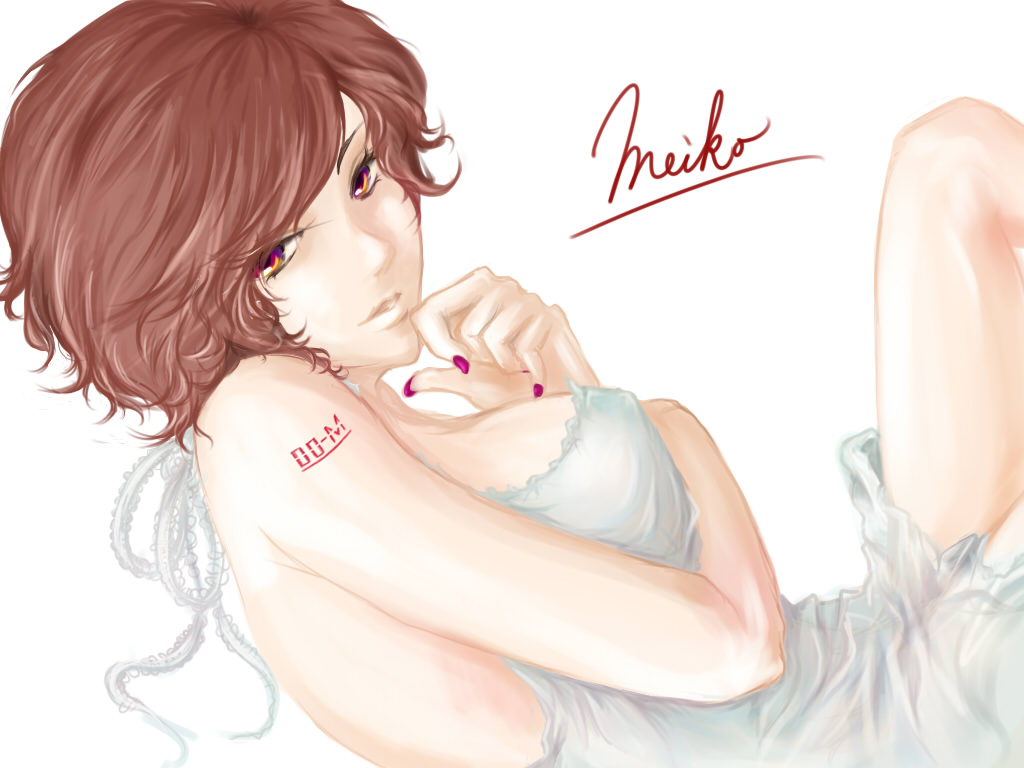 cochineal (ren), len (artist), meiko (vocaloid), vocaloid, 1girl, breasts, brown hair, female focus, large breasts, multicolored eyes, purple eyes, short hair, simple background, smile, solo, yellow eyes