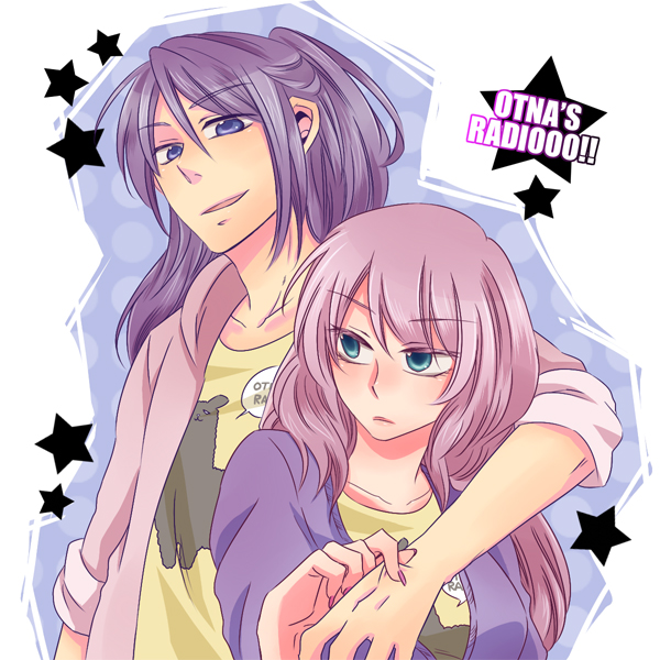 jill (acca), kamui gakupo, megurine luka, vocaloid, 1boy, 1girl, aqua eyes, blue eyes, casual, pinching, pink hair, ponytail, purple hair, sleeves rolled up, smile