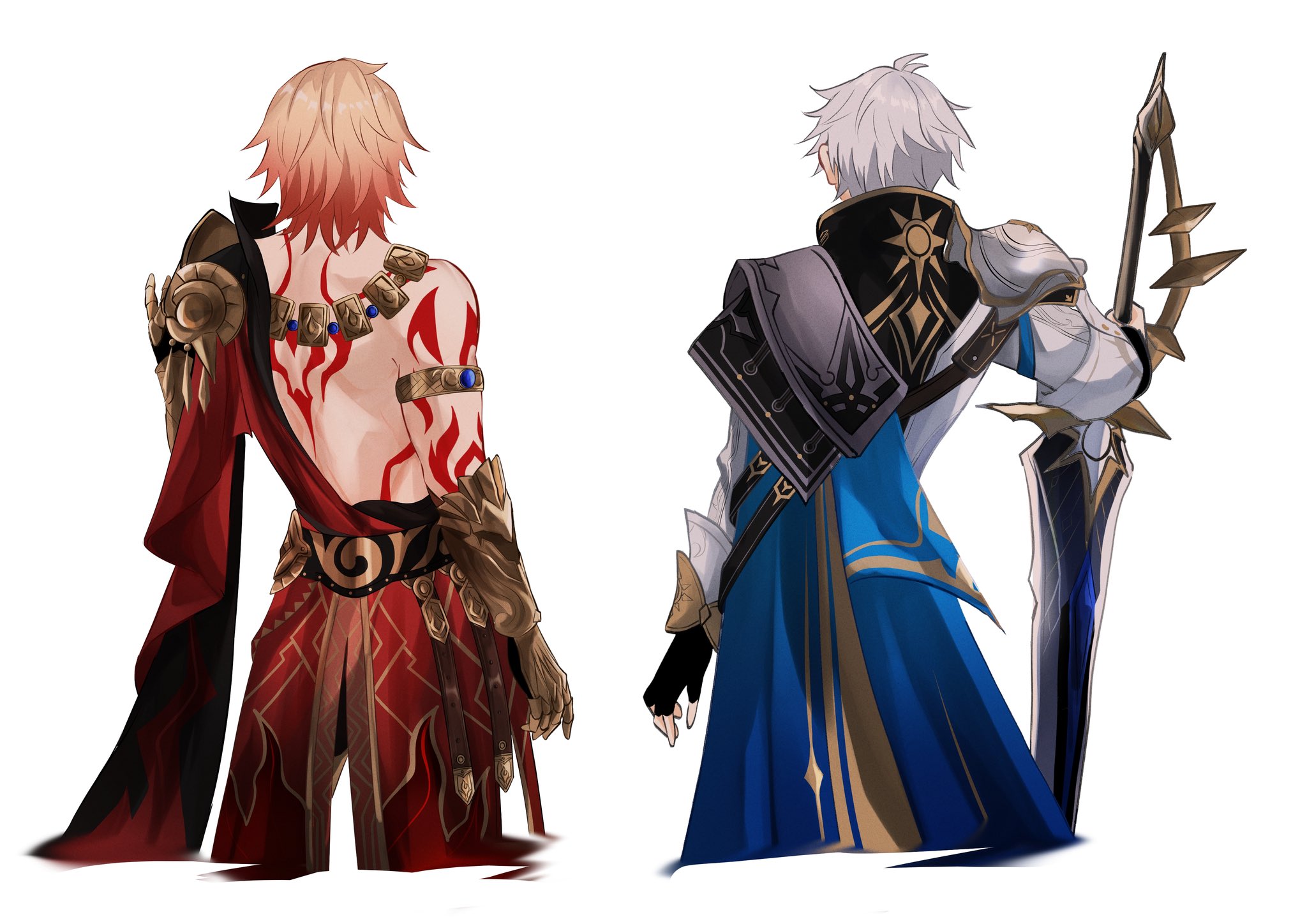 mydei (honkai: star rail), phainon (honkai: star rail), honkai: star rail, honkai (series), commentary request, highres, 2boys, antenna hair, arm tattoo, armlet, armor, back tattoo, black coat, black gloves, black shirt, blonde hair, blue cape, cape, clawed gauntlets, coat, dawnmaker (honkai: star rail), earrings, facial tattoo, fingerless gloves, from behind, gloves, gold earrings, gold necklace, gradient hair, holding, holding sword, holding weapon, jewelry, male focus, medium hair, multicolored hair, multiple boys, necklace, open clothes, open coat, pauldrons, red cape, red hair, red tattoo, shirt, short hair, shoulder armor, side cape, simple background, single pauldron, sn grr 0z, sword, tattoo, weapon, white background, white coat, white hair