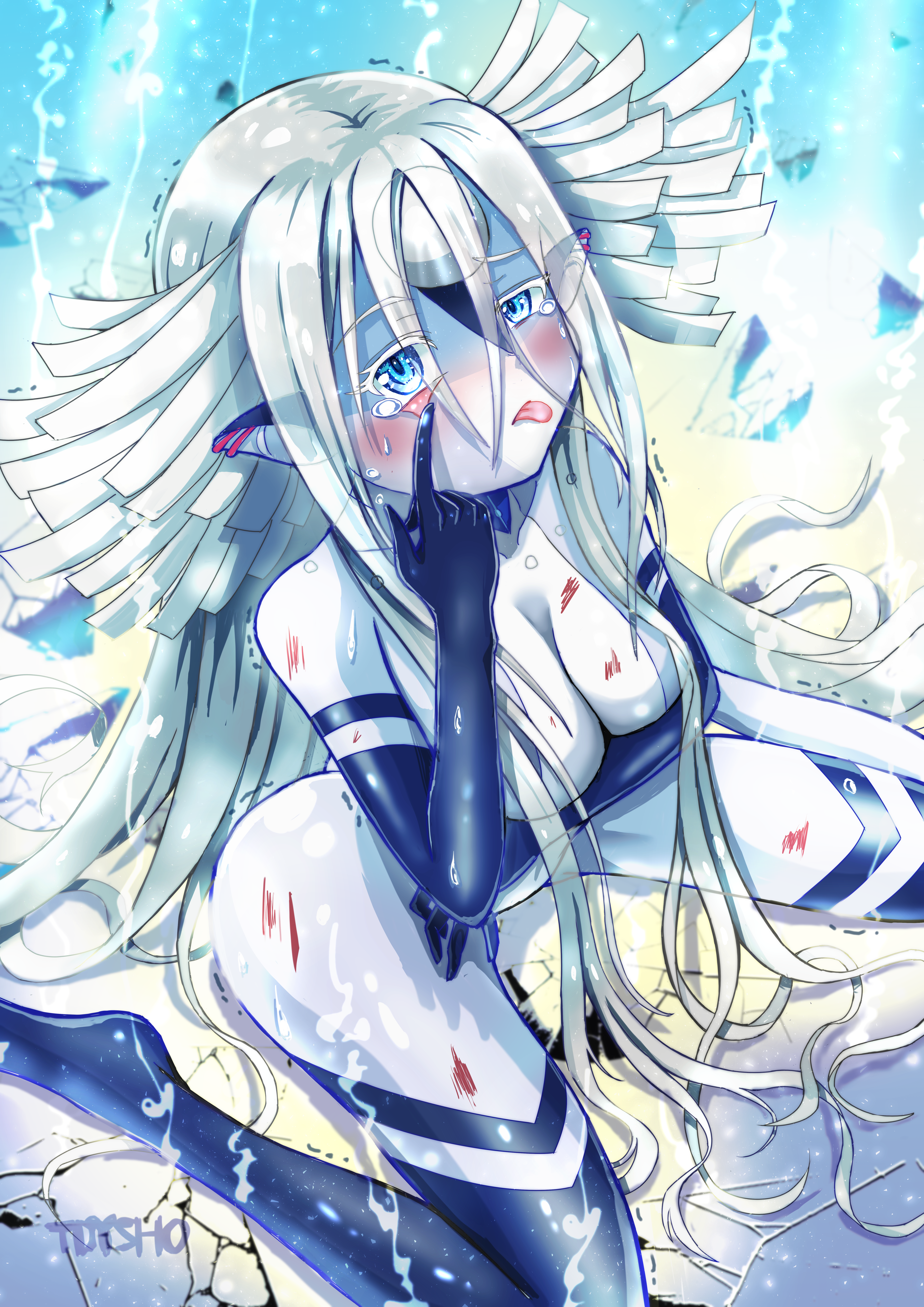 tdysho, priestess of the alien god, fate/grand order, fate (series), absurdres, highres, 1girl, :p, blue eyes, breasts, colored skin, crying, crying with eyes open, eyelid pull, finger to eye, grey hair, grey skin, large breasts, long hair, looking at viewer, making faces, pointy ears, solo, taunting, tears, tongue, tongue out, very long hair