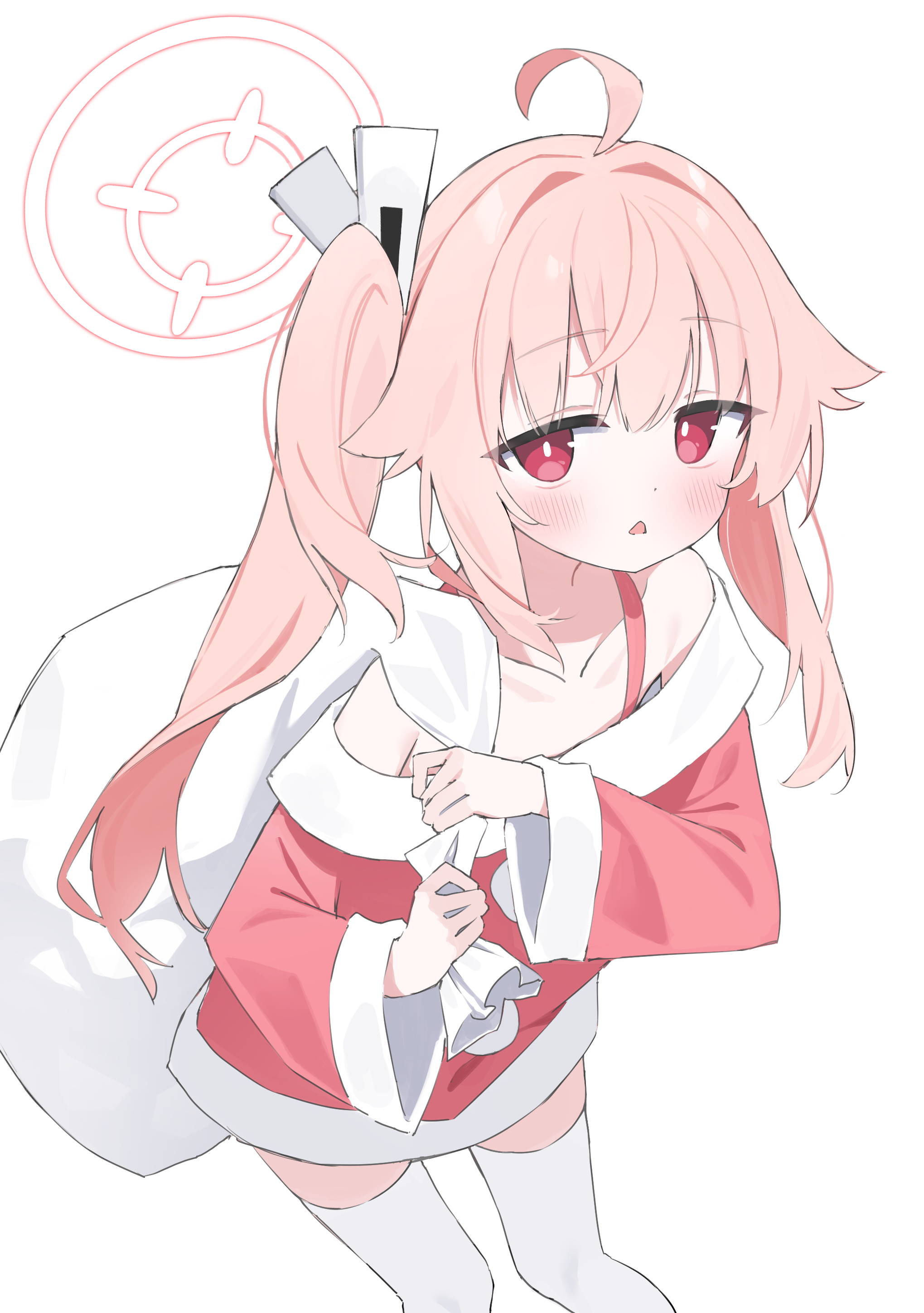 suta0822, natsu (blue archive), blue archive, absurdres, commentary, highres, 1girl, ahoge, blush, collarbone, dress, hair between eyes, halo, holding, holding sack, long hair, long sleeves, looking at viewer, off-shoulder dress, off shoulder, parted lips, pink hair, red dress, red eyes, sack, side ponytail, simple background, solo, thighhighs, very long hair, white background, white thighhighs, wide sleeves