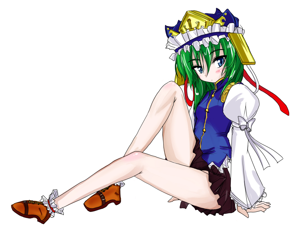 shiki eiki, touhou, 1girl, blue eyes, blush, female focus, full body, green hair, hat, legs, miniskirt, shoes, simple background, skirt, solo, white background