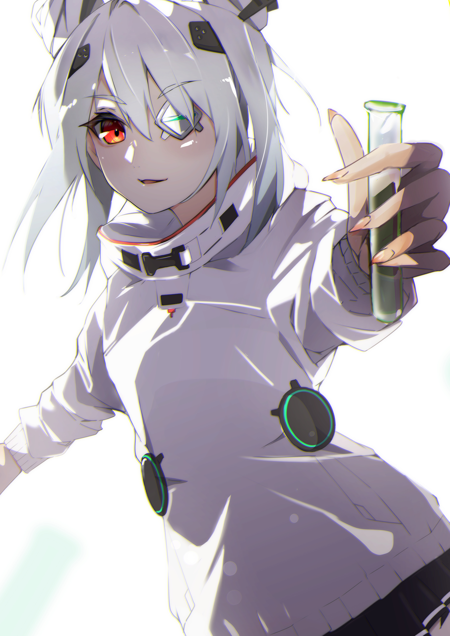 natsuki (muravito), yamawaki bon ivar, heaven burns red, highres, 1girl, black skirt, double bun, eyepatch, fingernails, grey hair, hair between eyes, hair bun, hair ornament, headgear, holding, holding test tube, jacket, long sleeves, looking at viewer, open mouth, parted lips, pleated skirt, red eyes, simple background, skirt, smile, solo, sweater, test tube, white background, white hair, white sweater