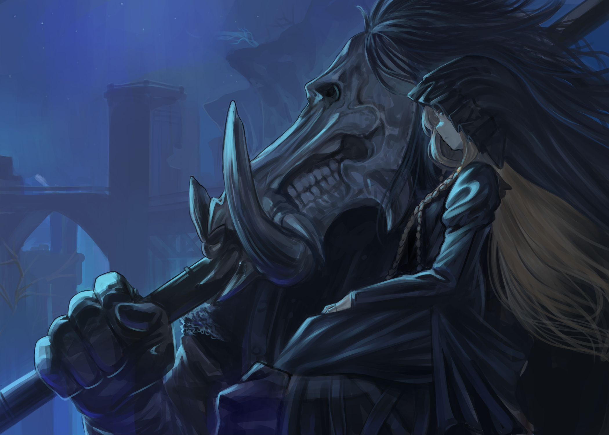 dokomon, executor (elden ring), revenant (elden ring), elden ring, elden ring nightreign, commentary request, highres, korean commentary, 1boy, 1girl, black dress, black hair, blonde hair, blue sky, building, closed mouth, dress, from side, holding, juliet sleeves, long hair, long sleeves, night, outdoors, profile, puffy sleeves, sitting on arm, skull, sky, star (sky), starry sky, tusks, veil, very long hair