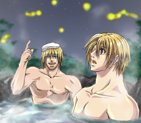 rock howard, terry bogard, fatal fury, garou: mark of the wolves, snk, the king of fighters, lowres, 2boys, bath, blonde hair, blue eyes, male focus, multiple boys, onsen, red eyes, same-sex bathing, shared bathing