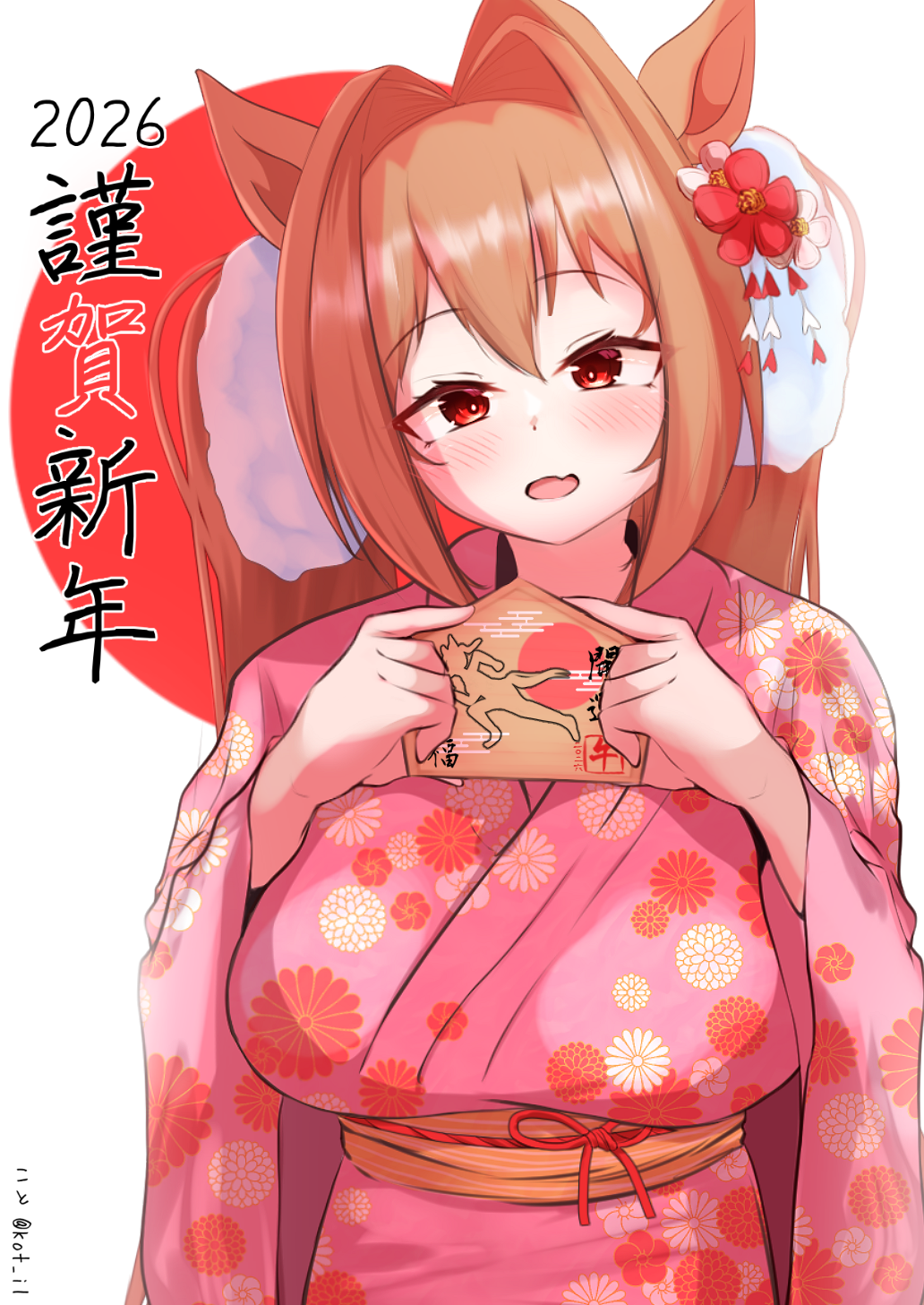 kei illu, daiwa scarlet (umamusume), umamusume, highres, 1girl, animal ears, blush, breasts, brown hair, ear flower, ema, fang, floral print, floral print kimono, flower, hair between eyes, hair flower, hair intakes, hair ornament, holding, holding ema, horse ears, horse girl, japanese clothes, kimono, large breasts, long hair, looking at viewer, open mouth, pink kimono, print kimono, red eyes, skin fang, solo, twintails, upper body, very long hair