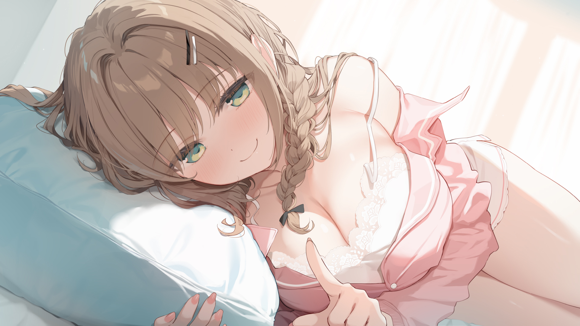 nijihashi sora, highres, 1girl, babydoll, blush, bow, braid, breasts, brown hair, cleavage, closed mouth, curtains, green bow, green eyes, hair bow, hair ornament, hairclip, index finger raised, indoors, large breasts, lingerie, long hair, long sleeves, lying, on bed, on side, pajamas, pillow, pink pajamas, sidelocks, smile, solo, strap slip, thighs, underwear, white babydoll, window