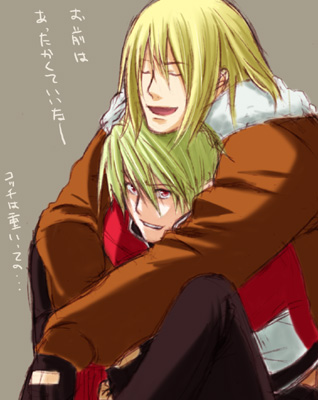 rock howard, terry bogard, fatal fury, garou: mark of the wolves, snk, the king of fighters, lowres, source request, translation request, 2boys, blonde hair, closed eyes, japanese text, male focus, multiple boys, red eyes