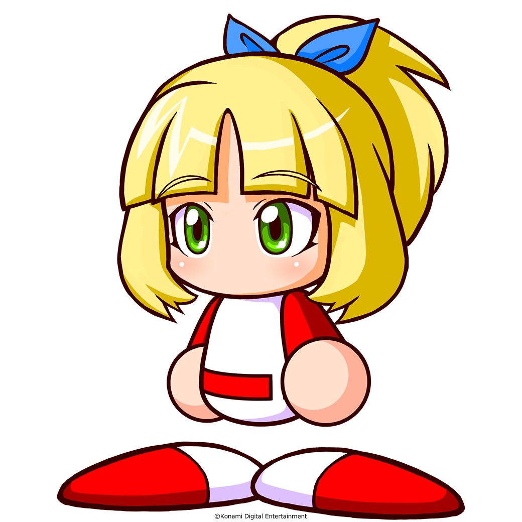 jikkyou powerful pro yakyuu, power pro appli, artist request, official art, 1girl, baseball uniform, blonde hair, blue bow, bow, copyright notice, green eyes, hair bow, hat, high ponytail, jikkyou powerful pro yakyuu (style), kimura mika, multicolored hat, multicolored shirt, multicolored shoes, no mouth, ponytail, rayman limbs, red shirt, red shoes, shirt, shoes, solo, sportswear, white background, white shirt, white shoes