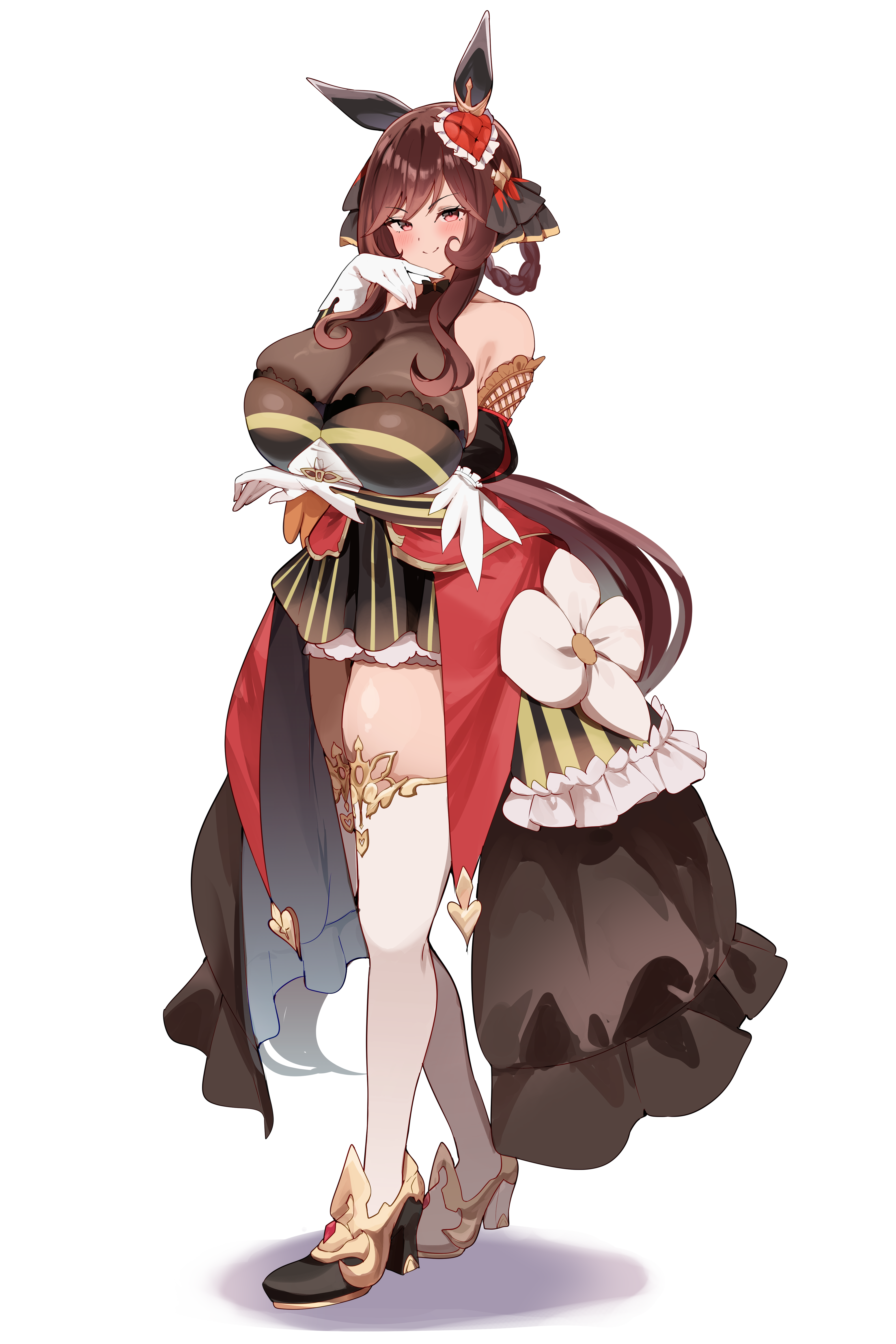 smoke klll, gentildonna (regina dei fiori) (umamusume), gentildonna (umamusume), umamusume, absurdres, commentary request, commission, highres, skeb commission, 1girl, animal ears, black ribbon, breasts, brown hair, closed mouth, ear covers, full body, gloves, hair ribbon, horse ears, horse girl, horse tail, huge breasts, looking at viewer, medium hair, ribbon, simple background, smile, solo, standing, tail, thighhighs, thighs, white background, white gloves, white thighhighs