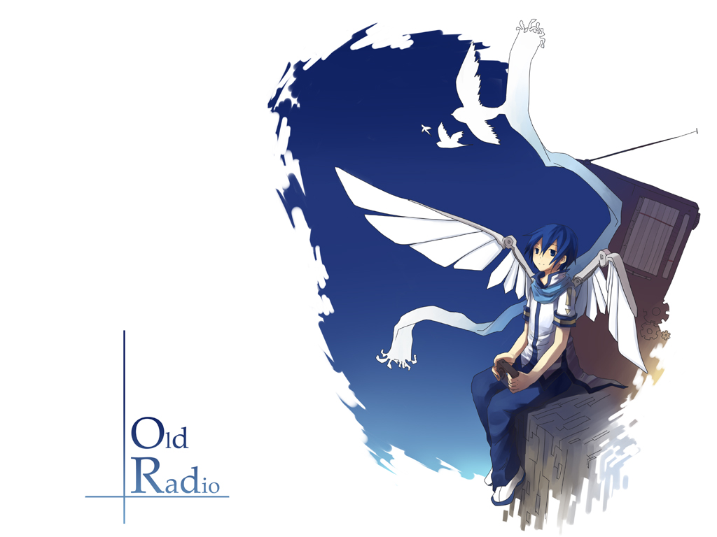 greenheart, kaito (vocaloid), old radio (vocaloid), vocaloid, 1boy, bird, blue eyes, blue hair, blue scarf, male focus, matching hair/eyes, mechanical wings, scarf, sitting, sky, smile, solo, wings