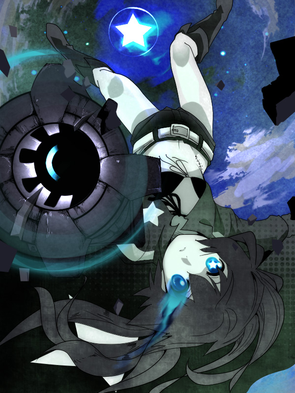 aasara, tosarayama, black rock shooter (character), black rock shooter, 10s, 1girl, arm cannon, belt, bikini, bikini top only, black hair, blue eyes, boots, female focus, glowing, glowing eyes, long hair, midriff, navel, pale skin, scar, shorts, solo, swimsuit, twintails, very long hair, weapon