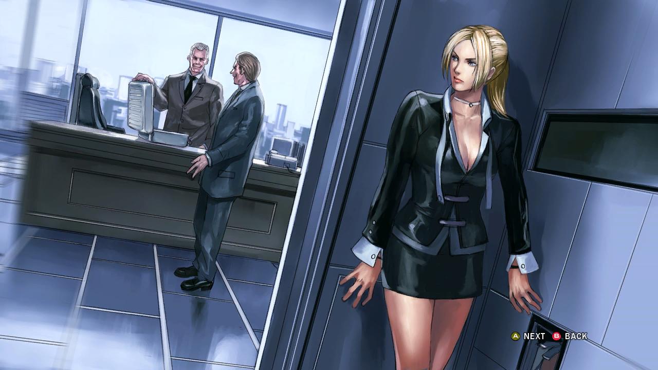 nina williams, namco, tekken, tekken 2, tekken 3, tekken 4, tekken 5 (dark resurrection), tekken tag tournament, official art, 1girl, 2boys, blonde hair, blue eyes, breasts, cleavage, large breasts, multiple boys, office, office lady, ponytail