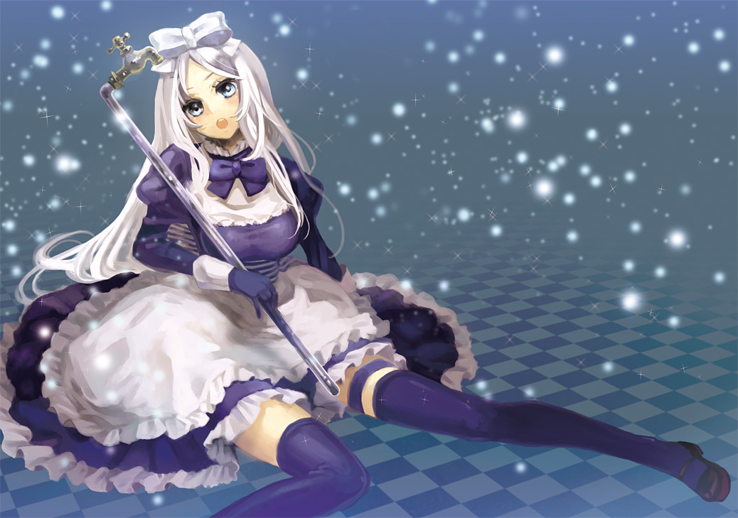 shio (noinoi), belarus (hetalia), axis powers hetalia, silver hair, bad id, bad pixiv id, 00s, 1girl, blue eyes, bow, breasts, faucet, female focus, hair bow, large breasts, lead pipe, long hair, maid, open mouth, ribbon, solo, sparkle, thighhighs, weapon