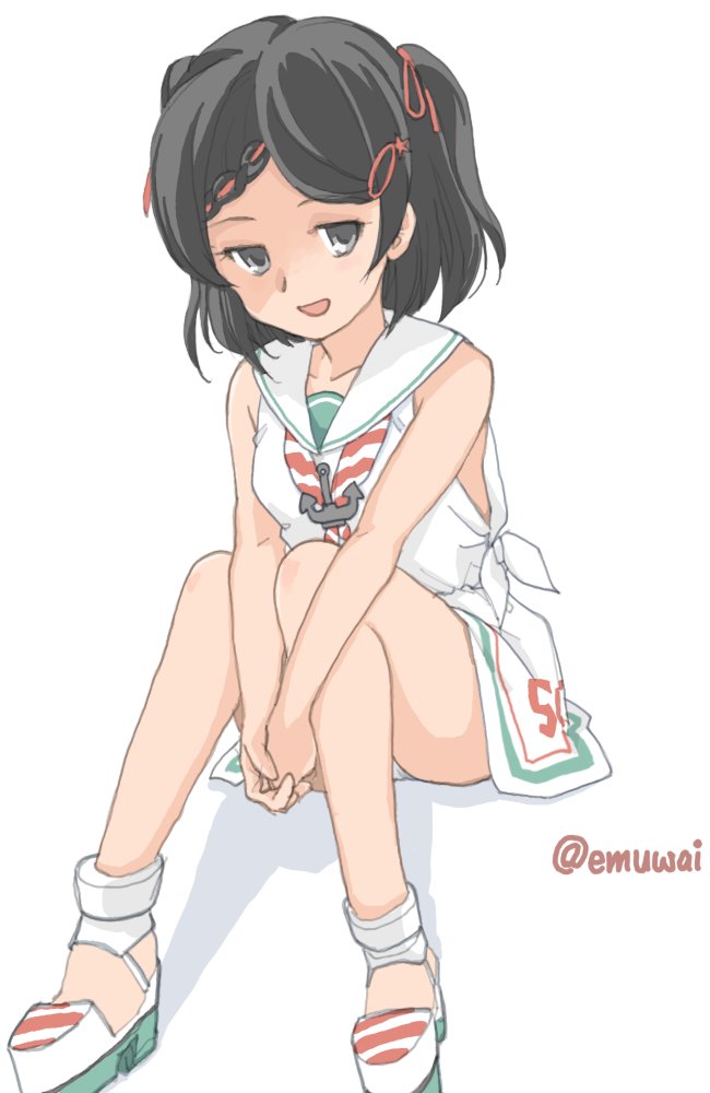 emuwai, scirocco (kancolle), kantai collection, 1girl, anchor ornament, black hair, dress, green eyes, low-cut armhole, mole, mole under eye, neckerchief, one-hour drawing challenge, open mouth, sailor collar, sailor dress, shoes, short hair, simple background, sitting, sleeveless, sleeveless dress, solo, striped neckerchief, twitter username, two side up, white background, white dress, white sailor collar, white shoes