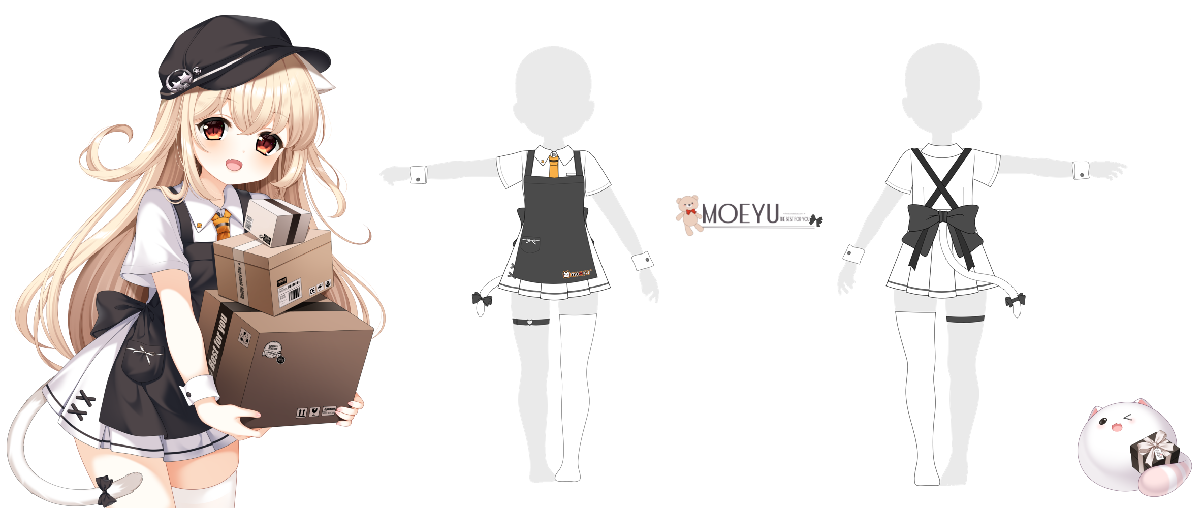 loading (verjuice), original, commentary request, highres, 1girl, :d, apron, black apron, black bow, black hat, blonde hair, bow, box, cardboard box, cat tail, collared shirt, flat cap, hair between eyes, hat, holding, holding box, long hair, multiple views, necktie, open mouth, orange necktie, pleated skirt, red eyes, shirt, short sleeves, single thighhigh, skirt, smile, tail, tail bow, tail ornament, thigh strap, thighhighs, turnaround, very long hair, white background, white shirt, white skirt, white thighhighs