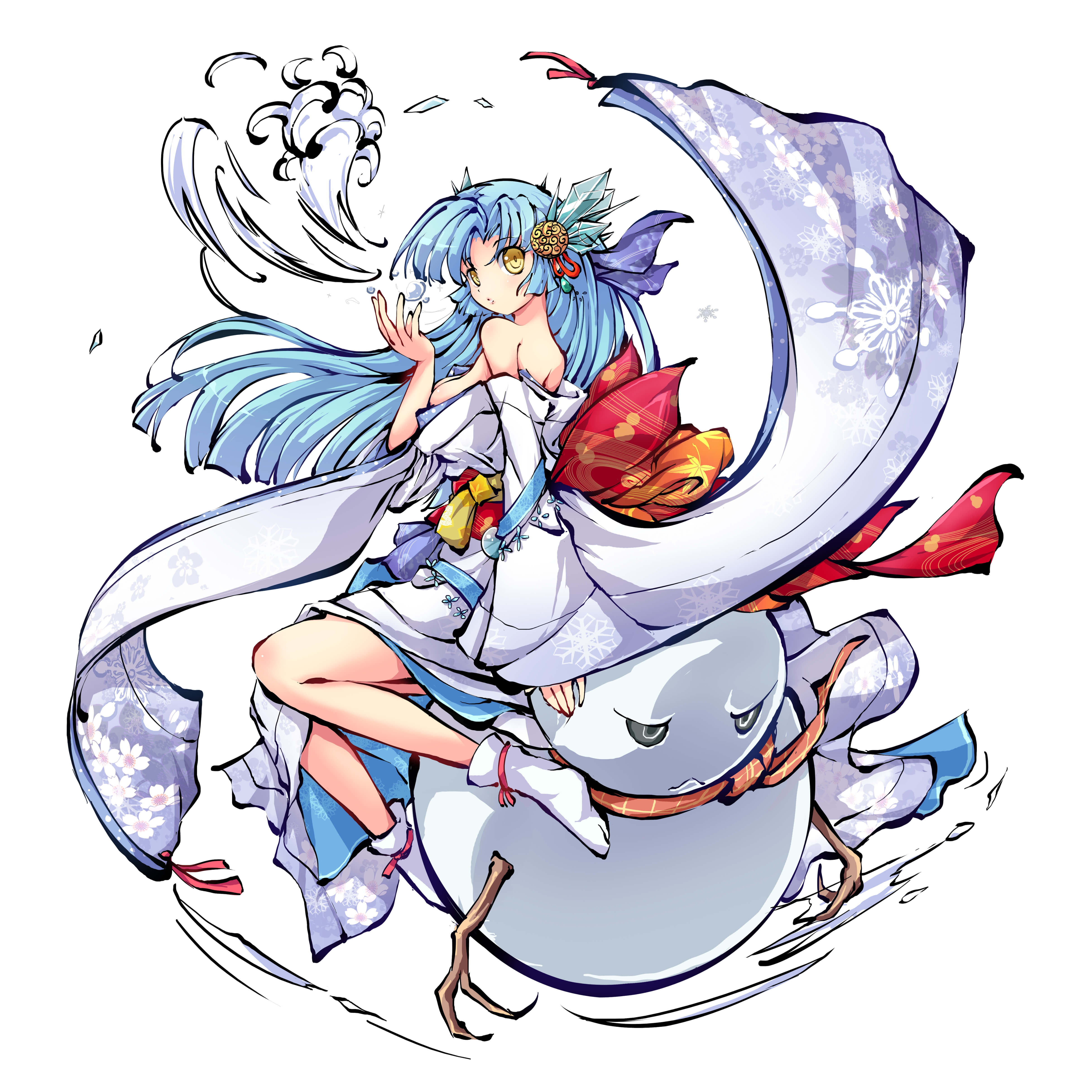 ms06s, absurdres, highres, official art, second-party source, 1girl, bare shoulders, blue hair, breasts, checkered clothes, checkered scarf, curtained hair, from side, full body, hand up, himegami kagura, japanese clothes, kimono, long hair, long sleeves, looking at viewer, obi, open clothes, open hand, open kimono, parted lips, sash, scarf, sidelocks, simple background, sitting, sitting on object, snowman, socks, solo, tachi-e, white background, white kimono, white socks, wide sleeves, yellow eyes, yukihime (himegami kagura)