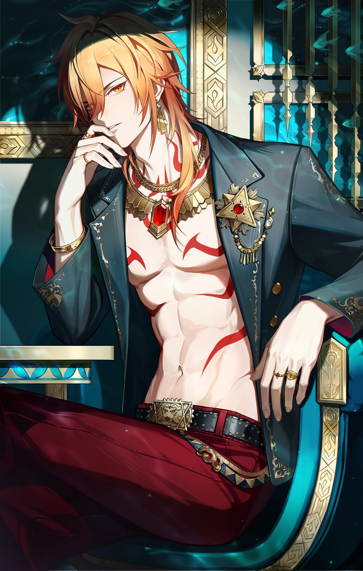 yexion123, mydei (honkai: star rail), honkai: star rail, honkai (series), hashtag-only commentary, highres, 1boy, abs, bare pectorals, belt, black belt, black jacket, blonde hair, bracelet, braid, chest tattoo, earrings, facial tattoo, gem, gold bracelet, gold earrings, gold necklace, gradient hair, jacket, jewelry, looking at viewer, male focus, medium hair, multicolored hair, mydei (nylon japan) (honkai: star rail), necklace, official alternate costume, open clothes, open jacket, pants, pectorals, red gemstone, red hair, red pants, red tattoo, side braid, sitting, solo, spotlight, tattoo, toned, toned male, yellow eyes