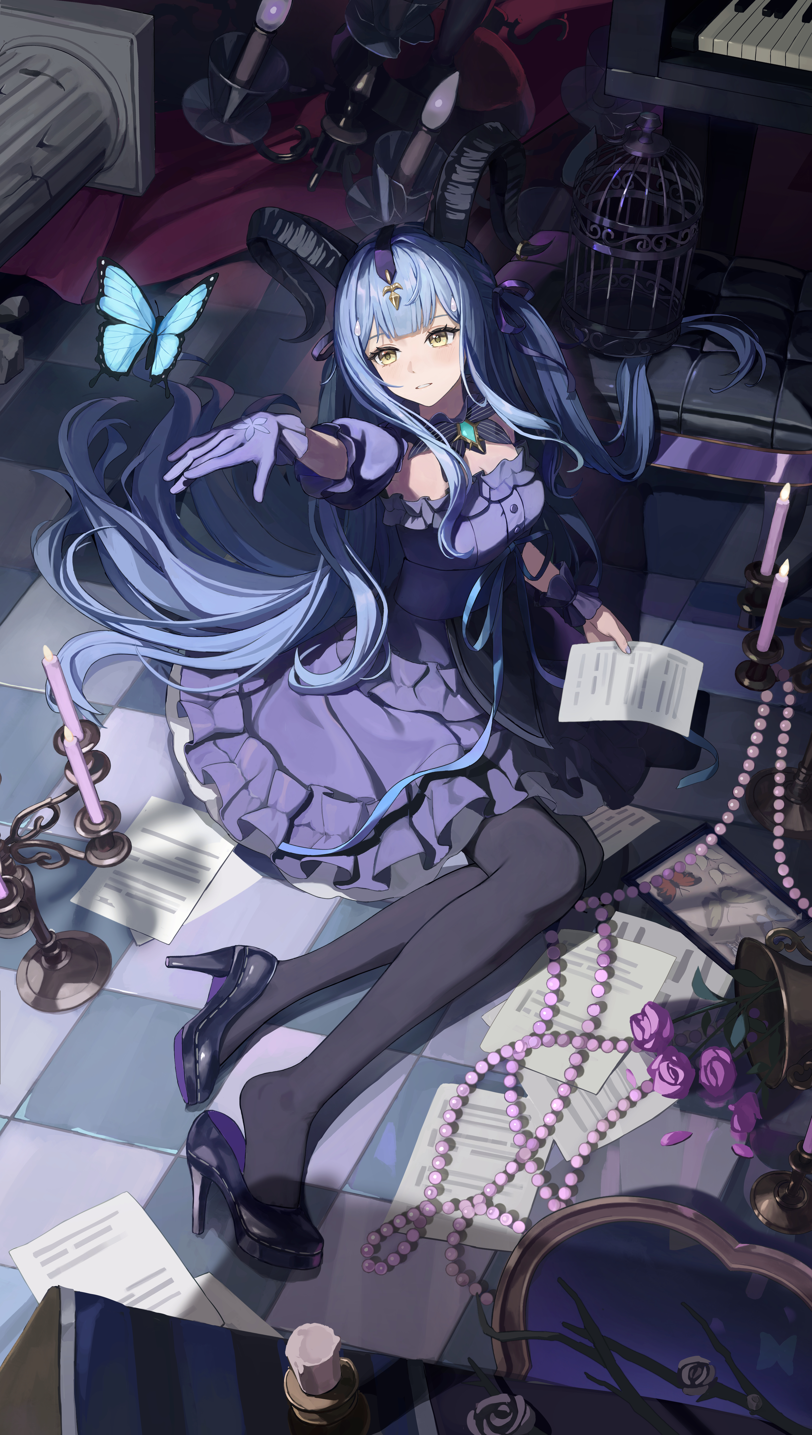 cherng, togawa sakiko, togawa sakiko (master of melodia), arknights, bang dream!, bang dream! it's mygo!!!!!, absurdres, commentary, highres, 1girl, birdcage, black pantyhose, black shoes, blue dress, blue gloves, blue hair, bug, butterfly, cage, dress, flower, gloves, high heels, horns, insect, long hair, pantyhose, purple flower, purple rose, rose, shoes, sidelocks, sitting, solo