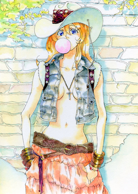 oyabin (shikouann), souryuu asuka langley, neon genesis evangelion, bad id, bad pixiv id, traditional media, 1girl, belt, blowing bubble gum, blowing bubbles, bracelet, breasts, chewing gum, cleavage, cowboy hat, cowboy shot, cowboy western, cross, denim, female focus, hands in pockets, hat, jewelry, medium breasts, navel, necklace, no bra, open clothes, open shirt, orange hair, oyabin, pendant, shirt, solo, vest