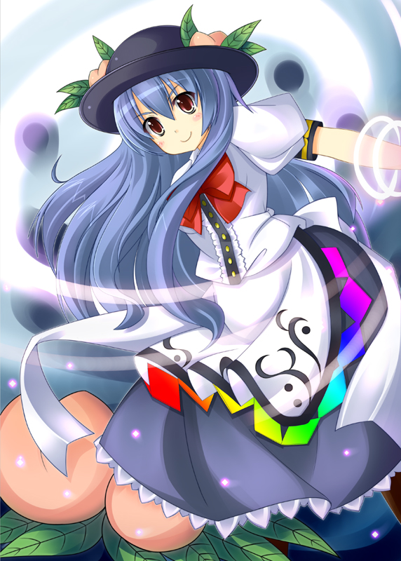 ooji cha, hinanawi tenshi, touhou, bad id, bad pixiv id, 1girl, blue hair, female focus, food, fruit, hat, long hair, peach, red eyes, solo