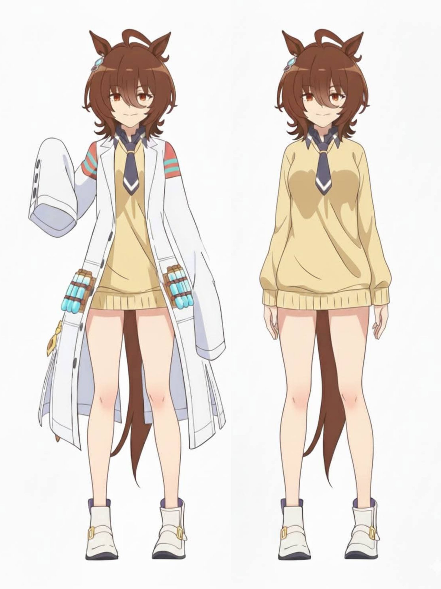 agnes tachyon (tach-nology) (umamusume), agnes tachyon (umamusume), umamusume, umamusume: beginning of a new era, highres, stitched, third-party edit, 1girl, ahoge, animal ears, bare legs, black bow, black bowtie, bow, bowtie, breasts, brown eyes, brown hair, brown tail, cardigan, closed mouth, coat, collared shirt, dot nose, ear ornament, earrings, female focus, full body, horse ears, horse girl, horse tail, jewelry, knee blush, lab coat, legs, long sleeves, looking at viewer, medium breasts, medium hair, no pants, sexually suggestive, shirt, shirt under sweater, shoes, simple background, sleeves past fingers, sleeves past wrists, smile, solo, solo focus, tail, thighs, white background, white coat, white shoes, yellow cardigan