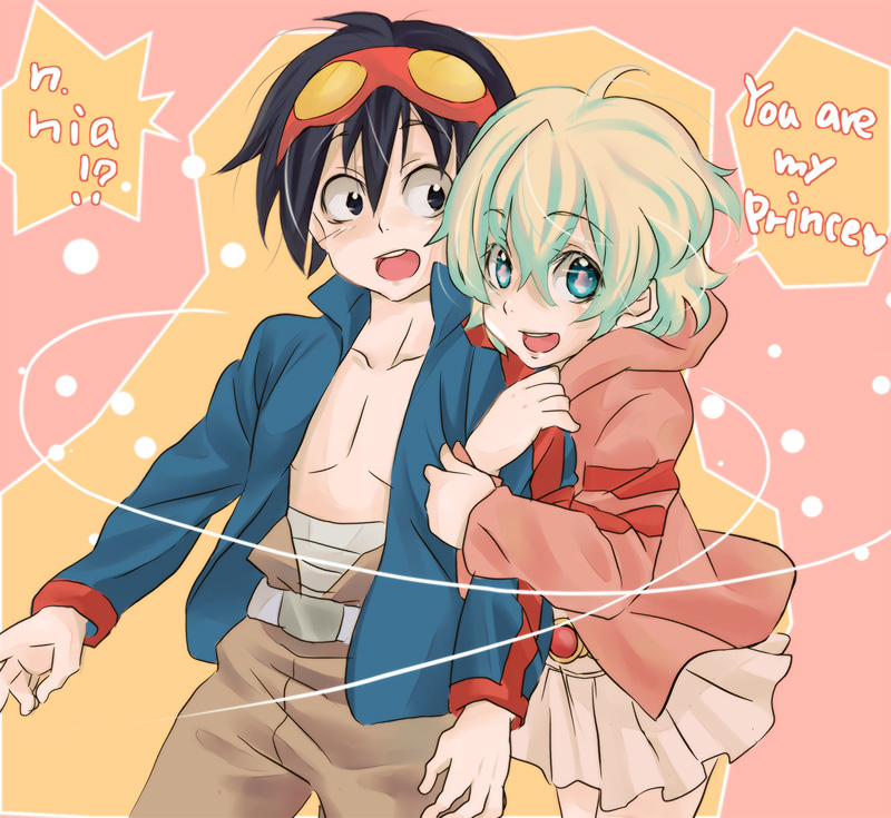 otomochi, sakou mochi, nia teppelin, simon (ttgl), tengen toppa gurren lagann, bad id, bad pixiv id, + +, 00s, 1boy, 1girl, aged down, arm hug, couple, cross-shaped pupils, english text, goggles, goggles on head, hetero, hug, short hair, symbol-shaped pupils