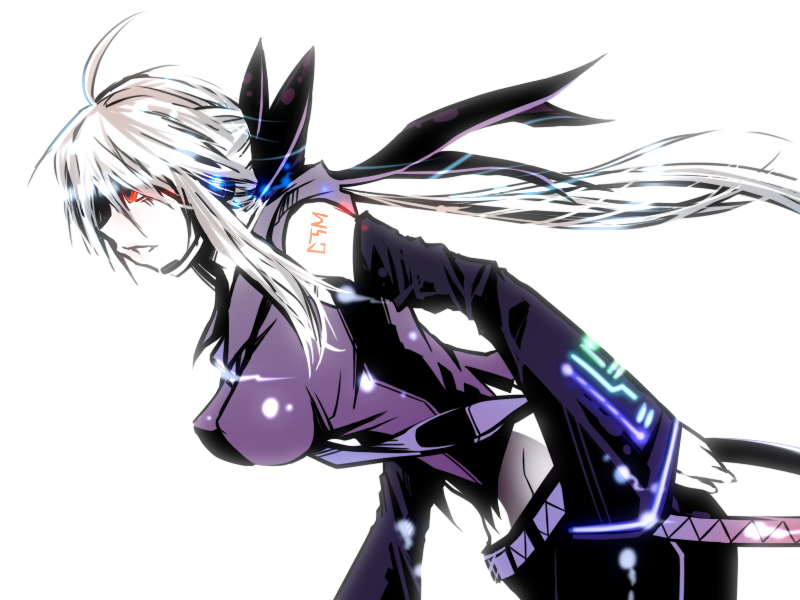 jin (mugenjin), yowane haku, vocaloid, silver hair, 1girl, detached sleeves, female focus, hair ribbon, headphones, headset, long hair, necktie, ponytail, red eyes, ribbon, simple background, solo