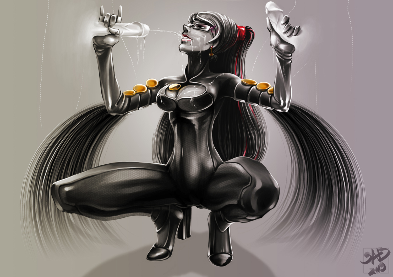 sabu (sabudenego), bayonetta, black hair, bodysuit, breasts, cleavage, cleavage cutout, clothing cutout, cum, cum in mouth, cum on body, cum on breasts, cum on upper body, double handjob, facial, fellatio, glasses, group sex, handjob, long hair, mole, oral, penis, red ribbon, ribbon, sex, simple background, skin tight, spread legs, squatting, uncensored, very long hair