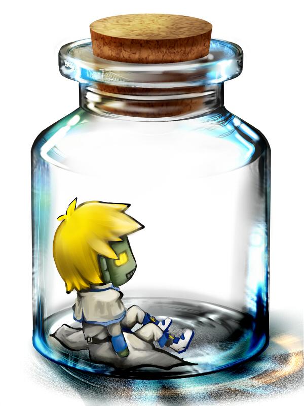 kuku (xx81), robo-ky, arc system works, guilty gear, blonde hair, bottle meme (pixiv), clothed robot, cork, in container, jar, male focus, robot, short hair, solo