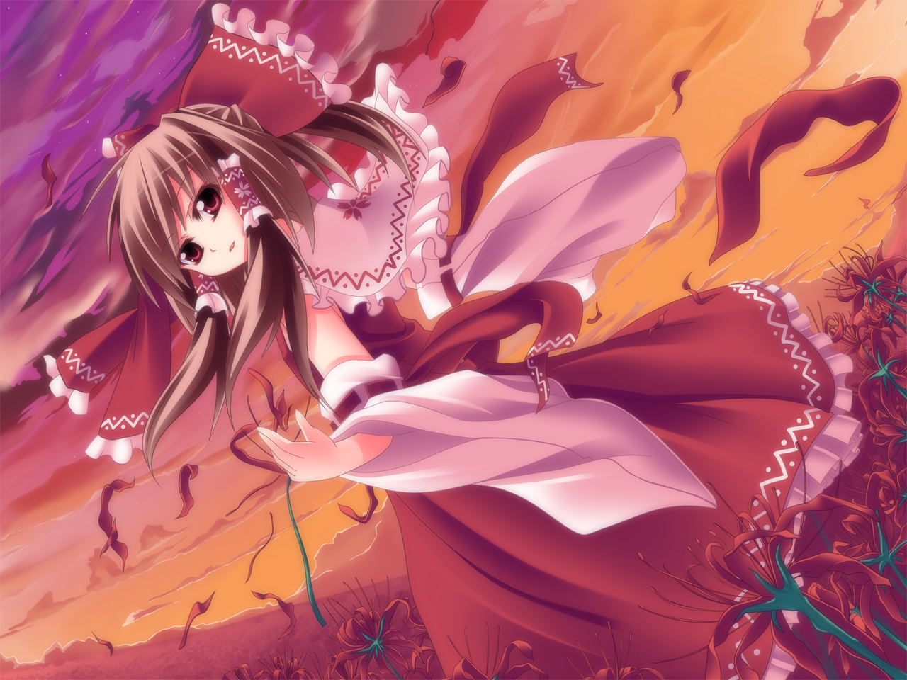 ina (inadahime), hakurei reimu, touhou, bad id, bad pixiv id, md5 mismatch, 1girl, bow, breasts, brown hair, detached sleeves, female focus, field, flower, flower field, hair bow, half updo, japanese clothes, miko, petals, red eyes, red flower, short hair, small breasts, solo, spider lily, star (sky), twilight