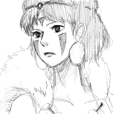 chiho, san (mononoke hime), mononoke hime, studio ghibli, lowres, 1990s (style), 1girl, earrings, facial mark, female focus, greyscale, hair ornament, jewelry, monochrome, oekaki, portrait, retro artstyle, short hair, simple background, sketch, solo, white background