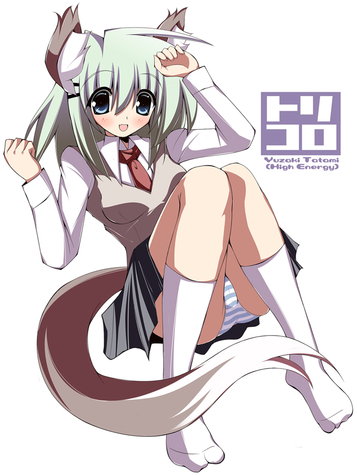 kaga taichi, saga taichi, yuzaki tatami, torikoro, 1girl, animal ears, blue eyes, blush, female focus, green hair, hair ornament, hairclip, necktie, panties, school uniform, skirt, solo, tail, underwear