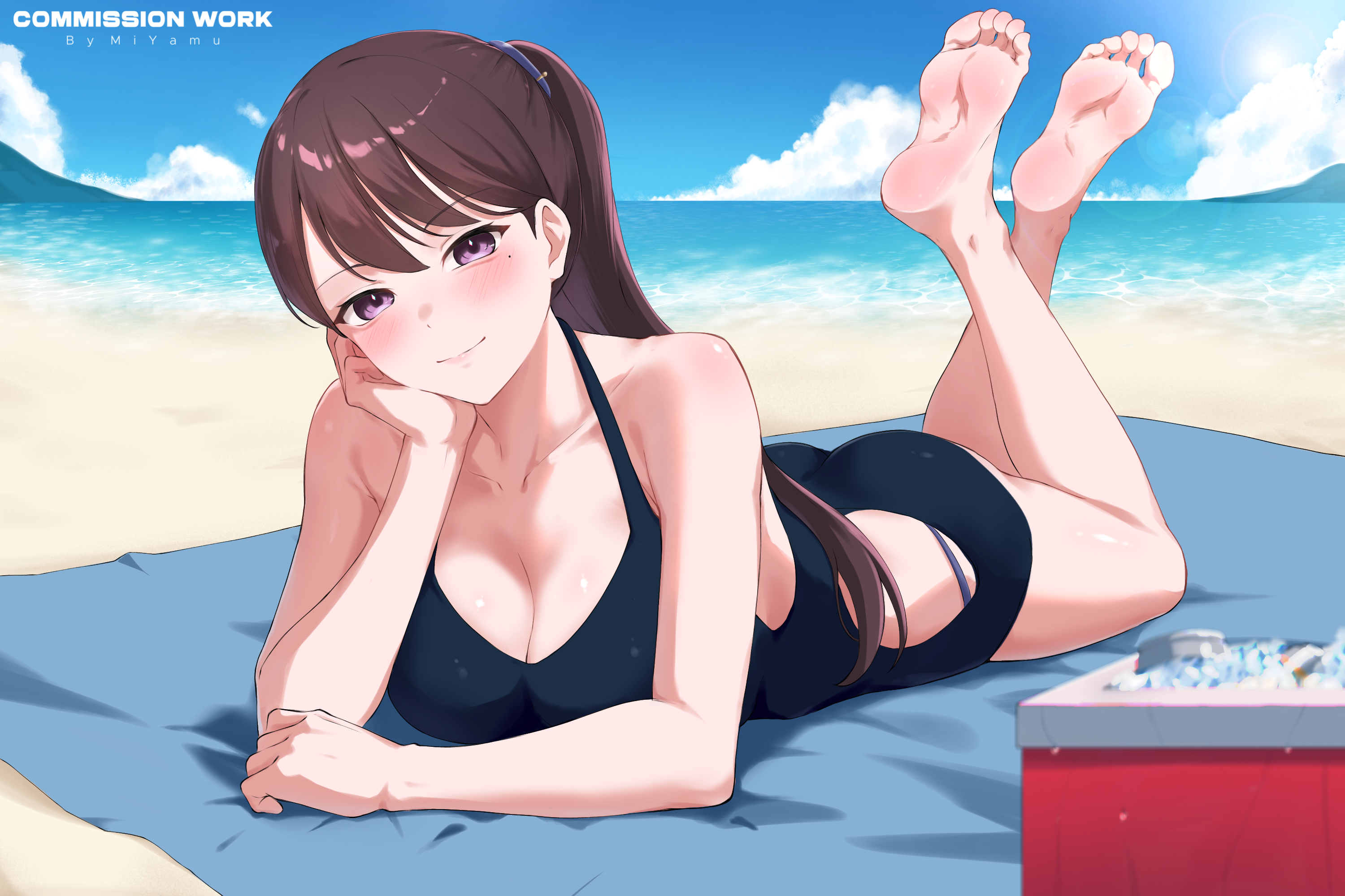 miyamu, shiina taki, bang dream!, bang dream! it's mygo!!!!!, commentary, commission, english commentary, highres, vgen commission, 1girl, barefoot, beach, black one-piece swimsuit, blush, breasts, brown hair, cleavage, closed mouth, collarbone, head rest, large breasts, long hair, lying, mole, mole under eye, ocean, on stomach, one-piece swimsuit, ponytail, purple eyes, soles, solo, swimsuit, the pose