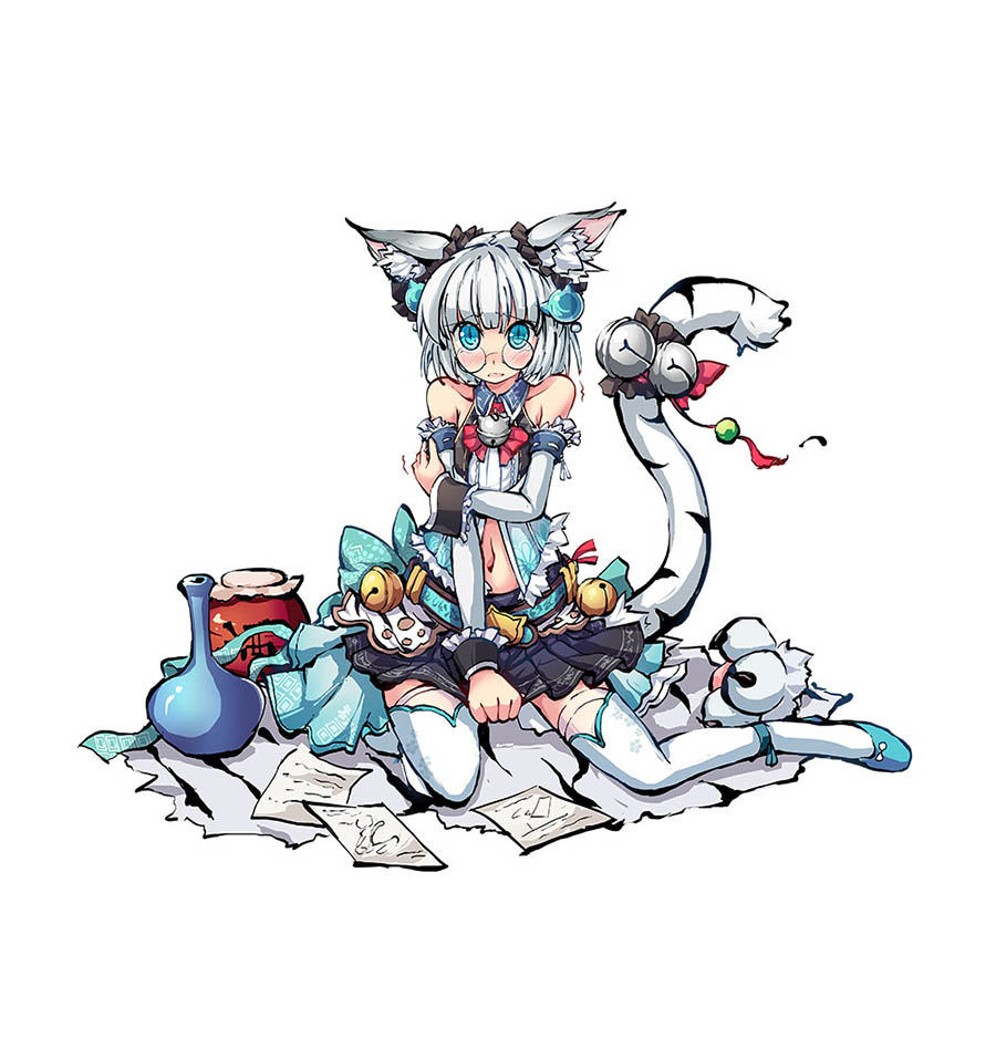 ms06s, official art, second-party source, 1girl, animal ear fluff, animal ears, bell, belt, blue belt, blue eyes, blue shoes, blue thighhighs, blush, bow, byakko (himegami kagura), cat girl, collarbone, detached sleeves, embarrassed, flats, glasses, himegami kagura, looking at viewer, medium hair, miniskirt, navel, pleated skirt, shoes, simple background, sitting, skirt, solo, tachi-e, tail, tail bell, tail bow, tail ornament, thighhighs, tiger ears, tiger tail, wariza, white background, white hair