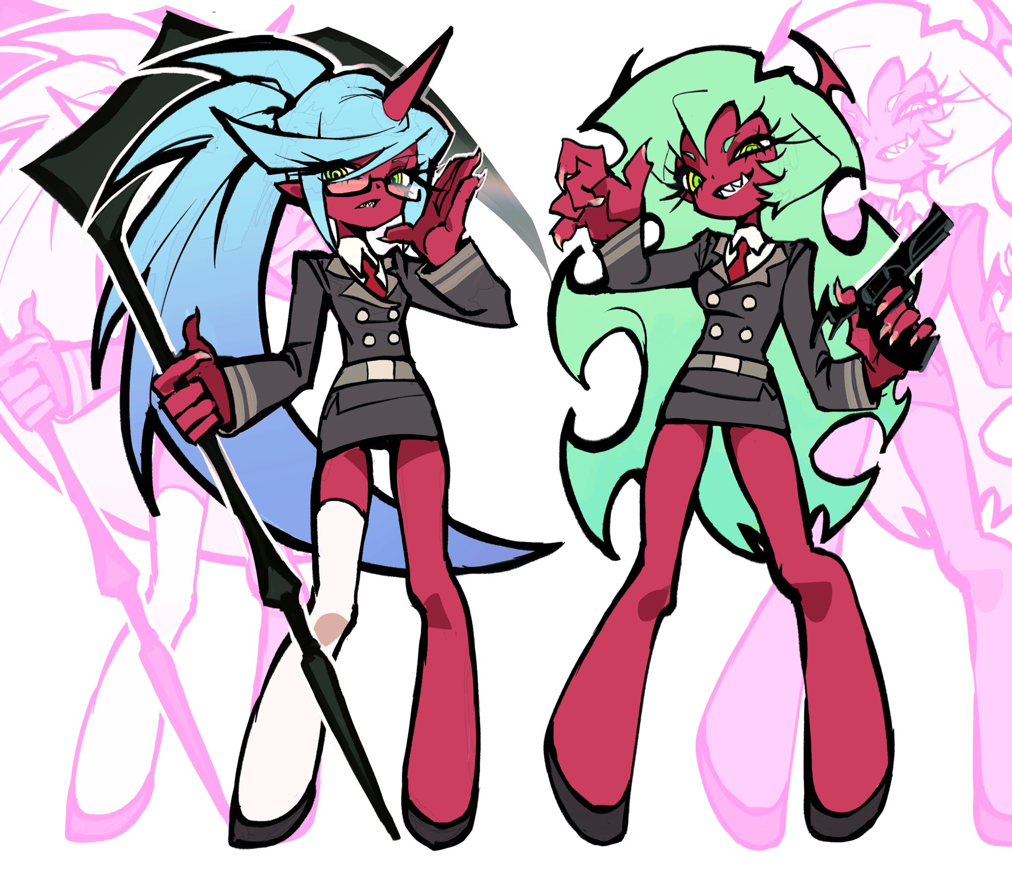 kneesocks (psg), scanty (psg), panty & stocking with garterbelt, highres, 2girls, aqua hair, belt, black shoes, breasts, brown belt, brown jacket, brown skirt, brown sleeves, buttons, closed mouth, collared shirt, colored skin, demon, demon girl, demon horns, double-breasted, double gold lacytanga (psg), double gold spandex (psg), eyelashes, fang, fang out, formal clothes, full body, glasses, gradient hair, green eyes, green hair, gun, handgun, holding, holding gun, holding scythe, holding weapon, horns, jacket, lapels, large hands, long hair, long sleeves, looking at viewer, miniskirt, monochrome, multicolored hair, multiple girls, nail polish, necktie, no humans, notched lapels, open hand, pencil skirt, pointy breasts, rectangular eyewear, red horns, red necktie, red skin, revolver, ringed eyes, scythe, semi-rimless eyewear, sharp teeth, shirt, shoes, sidelocks, single bare leg, single horn, single thighhigh, skirt, skirt set, slit pupils, small breasts, smile, spiked hair, swept bangs, teeth, tgyten, thick lineart, thighhighs, under-rim eyewear, undershirt, very long hair, wavy hair, weapon, white background, white shirt, white thighhighs, yellow eyes