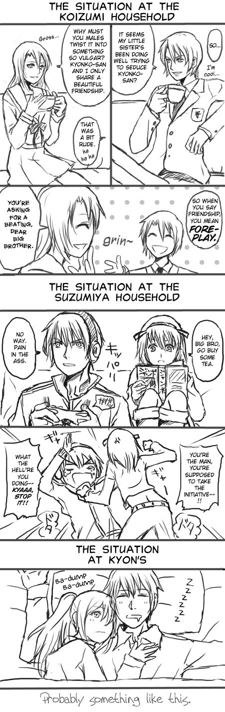 koizumi itsuki, koizumi itsuki (female), kyon, kyonko, suzumiya haruhi, suzumiya haruhiko, suzumiya haruhi no yuuutsu, suzumiya haruhiko no yuuutsu, hard-translated, highres, long image, tall image, third-party edit, translated, 00s, 3boys, 3girls, comic, dual persona, genderswap, genderswap (ftm), genderswap (mtf), greyscale, monochrome, multiple boys, multiple girls