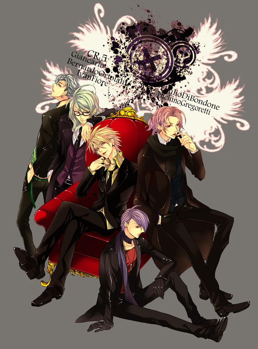 nishi juuji, bernardo ortolani, giancarlo bourbon del monte, giulio di bondone, ivan fiore, luchino gregoretti, lucky dog, lucky dog 1, character request, 5boys, blonde hair, formal clothes, gian carlo, male focus, multiple boys, nikokorozashi juuji, purple hair, suit