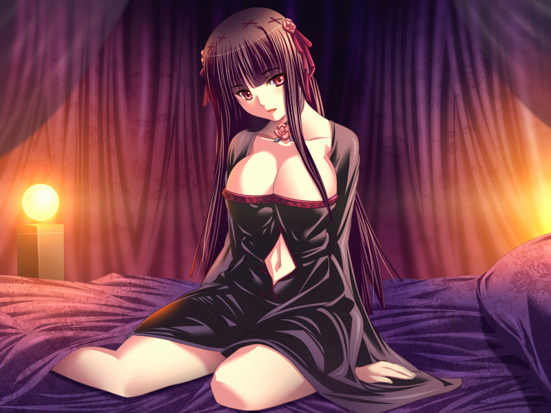 m&m (mickey and mackey), hilda (toriko no hime), toriko no hime, game cg, 1girl, bed, black dress, black hair, breasts, choker, clothing cutout, dress, flower, flower choker, full body, hair flower, hair ornament, large breasts, long hair, navel, navel cutout, on bed, red eyes, sitting, solo, yokozuwari