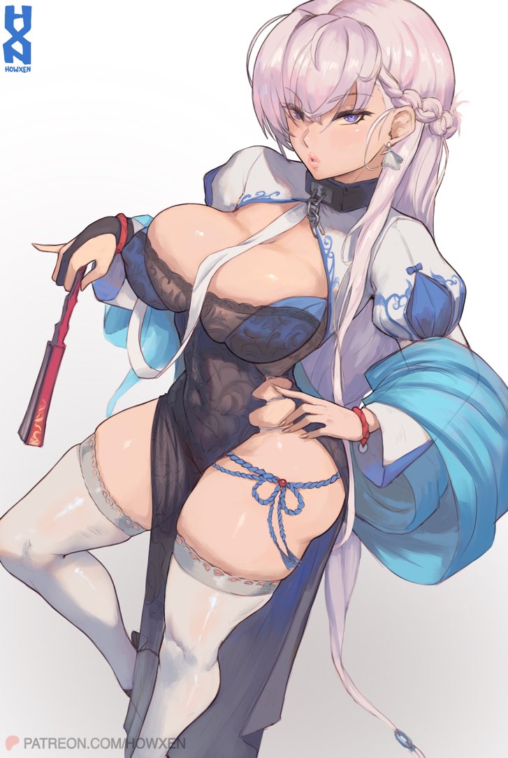 howxen, belfast (azur lane), belfast (iridescent rosa) (azur lane), azur lane, commentary, 1girl, artist name, blue eyes, breasts, china dress, chinese clothes, dress, earrings, folded fan, folding fan, hand fan, hand on own hip, holding, holding fan, jewelry, large breasts, lingerie, long hair, official alternate costume, puffy short sleeves, puffy sleeves, short sleeves, signature, solo, thighhighs, two-tone dress, underwear, watermark, web address, white hair, white thighhighs