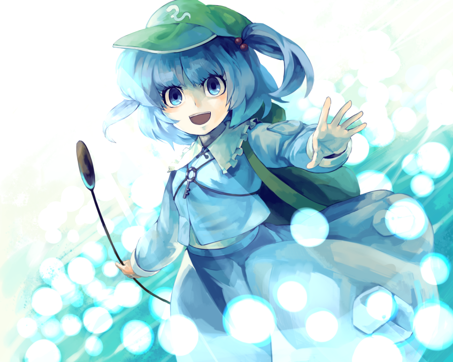 oburaato, kawashiro nitori, touhou, 1girl, backpack, bag, blue eyes, blue hair, female focus, hair bobbles, hair ornament, hat, key, matching hair/eyes, randoseru, short hair, solo, twintails, two side up