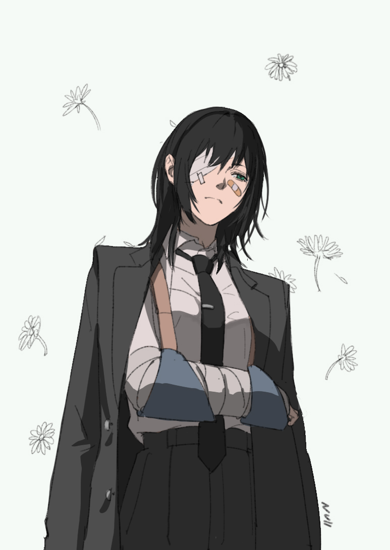 null (skev7724), himeno (chainsaw man), chainsaw man, commentary request, arm cast, arm sling, bandaid, bandaid on face, black hair, black jacket, black necktie, black pants, buttons, cast, choppy bangs, collared shirt, cowboy shot, floral background, formal clothes, from below, green eyes, jacket, jacket on shoulders, medium hair, necktie, open clothes, open jacket, pants, shirt, sidelocks, straight hair, tie clip, white background, white shirt