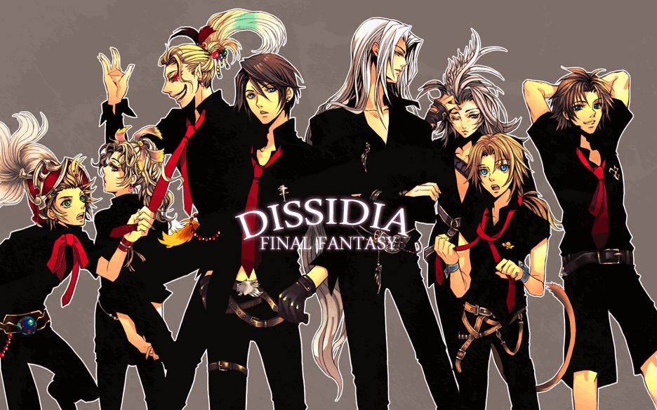 nishi juuji, cefca palazzo, kuja, onion knight, sephiroth, squall leonhart, tidus, tina branford, zidane tribal, dissidia final fantasy, final fantasy, final fantasy iii, final fantasy ix, final fantasy vi, final fantasy vii, final fantasy viii, final fantasy x, 00s, 1990s (style), 1girl, 6+boys, arms behind head, belt, blonde hair, brown hair, clown, copyright name, crossed arms, earrings, everyone, facepaint, formal clothes, gloves, green eyes, grey background, grin, helmet, in-franchise crossover, jewelry, lineup, lipstick, long hair, makeup, multiple boys, necktie, nikokorozashi juuji, one eye closed, ponytail, retro artstyle, salute, shorts, smile, tail, very long hair, vulcan salute, white hair, wink