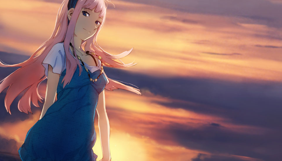 mitosa, megurine luka, vocaloid, 1girl, alternate costume, blue eyes, dress, female focus, hairband, jewelry, long hair, necklace, outdoors, pink hair, shirt, short sleeves, sky, smile, solo, standing, sunset, t-shirt
