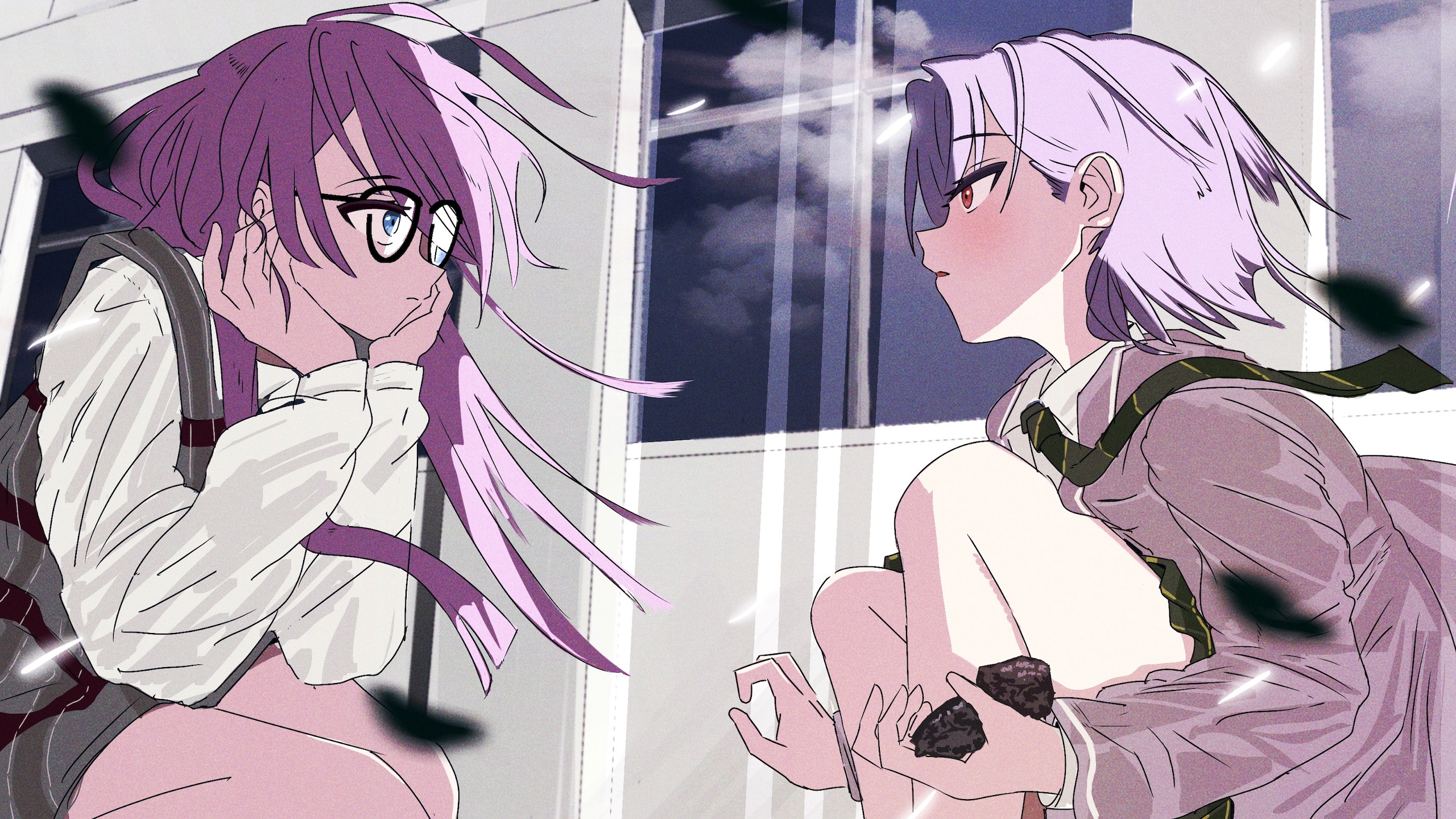 peke (pekeiscat), chihaya anon, takamatsu tomori, bang dream!, bang dream! it's mygo!!!!!, commentary, hashtag-only commentary, highres, 2girls, blue eyes, brown eyes, closed mouth, dress, floating neckwear, glasses, grey dress, grey hair, grey jacket, hands on own cheeks, hands on own face, haneoka school uniform, jacket, long hair, long sleeves, looking at another, multiple girls, open mouth, pinafore dress, pink hair, rock, school uniform, shirt, short hair, sleeveless, sleeveless dress, squatting, white shirt