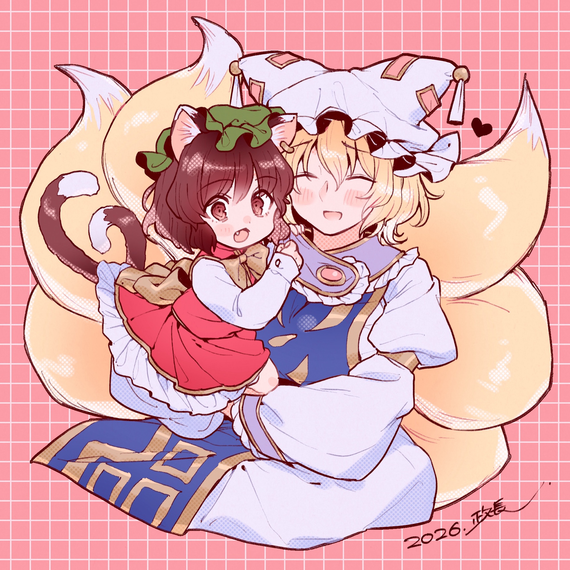 masanaga (tsukasa), chen, yakumo ran, touhou, holding person, commentary request, highres, 2girls, :3, ^ ^, animal ear fluff, animal ears, blonde hair, blue tabard, blush, brown hair, cat ears, cat girl, cat tail, china dress, chinese clothes, closed eyes, collar, dated, double-parted bangs, dress, earrings, fang, fox girl, fox tail, frilled collar, frilled sleeves, frills, gold armband, gold bowtie, green hat, grid background, hair between eyes, hand on another's shoulder, hat, heart, jewelry, kneeling, layered dress, long sleeves, looking at viewer, messy hair, mob cap, multiple girls, multiple tails, ofuda, open mouth, pink background, purple collar, red dress, red eyes, short hair, signature, simple background, single earring, sleeveless, sleeveless dress, smile, swept bangs, tabard, tail, white dress, white hat, wide sleeves