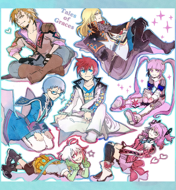 koku 666, asbel lhant, cheria barnes, hubert ozwell, malik caesars, pascal (tales), richard (tales), sophie (tales), tales of (series), tales of graces, bad id, bad pixiv id, 3girls, 4boys, blue eyes, blue hair, blue shirt, brothers, brown eyes, brown hair, copyright name, glasses, gradient hair, long hair, malik caesar, multicolored hair, multiple boys, multiple girls, purple eyes, purple hair, purple skirt, red hair, scarf, shirt, siblings, skirt, twintails, two side up, white hair