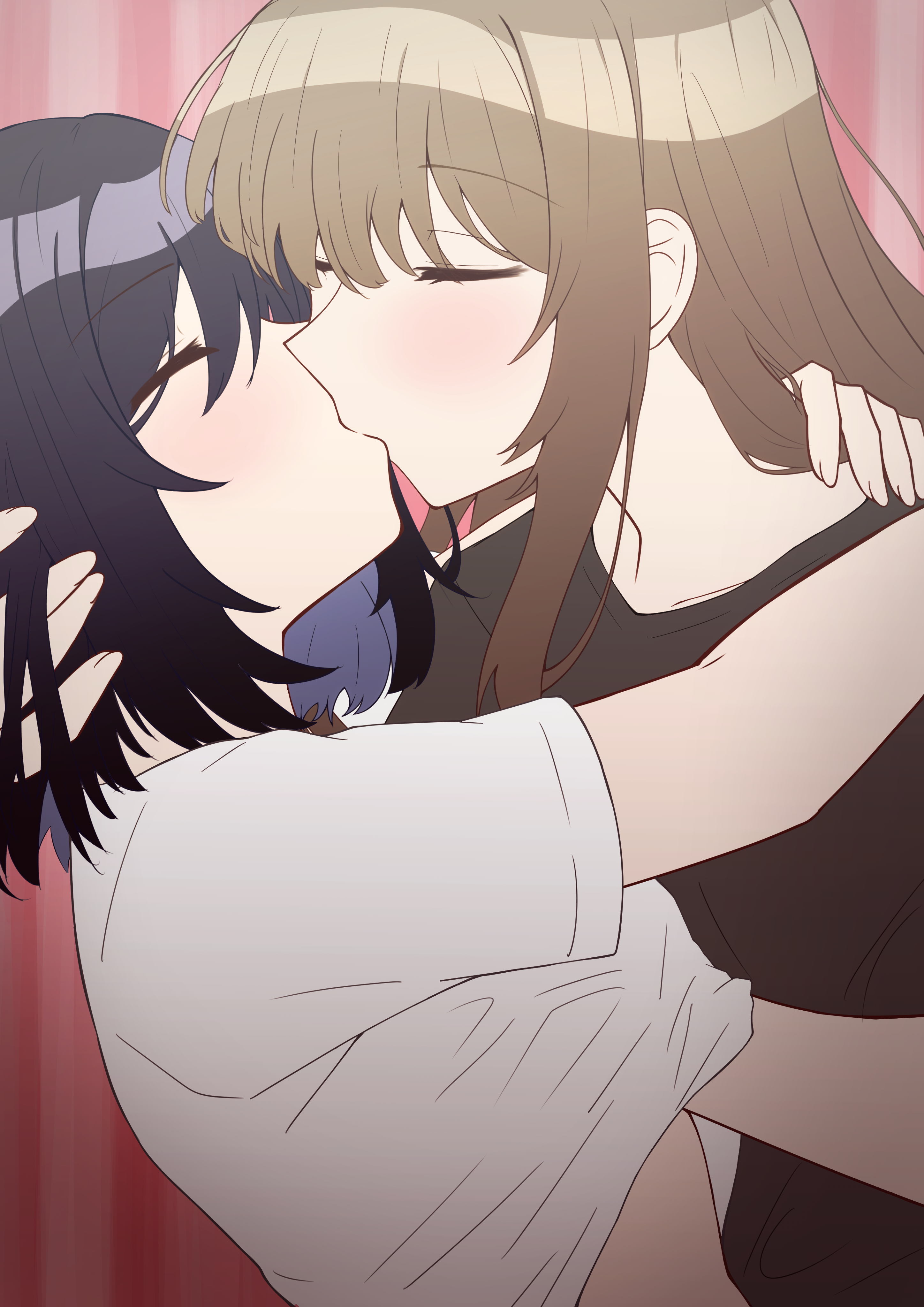 melonpan134, miyagi shiori, sendai hazuki, shuuniichido classmate wo kau hanashi, absurdres, commentary request, highres, 2girls, arms around neck, black hair, black shirt, blush, brown hair, closed eyes, clothes lift, french kiss, grabbing another's breast, groping, hand in another's hair, hand on another's shoulder, hand under clothes, hand under shirt, kiss, long hair, medium hair, multiple girls, shirt, shirt lift, white shirt, yuri