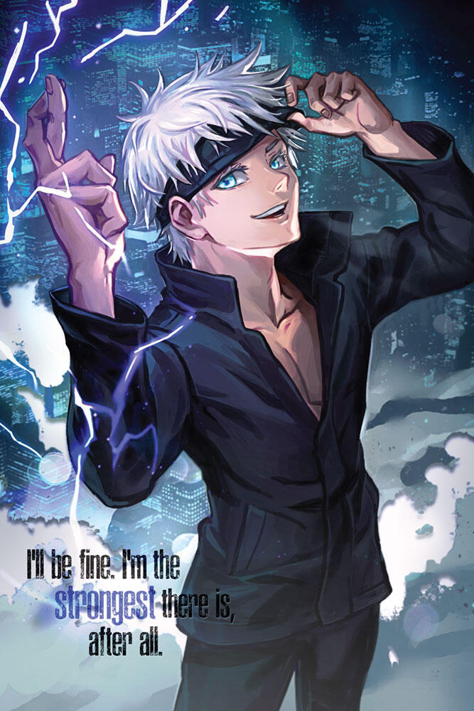 kevin yan, gojou satoru, jujutsu kaisen, bad link, 1boy, black jacket, blindfold, blindfold lift, blue eyes, cityscape, electricity, english text, eyelashes, high collar, jacket, male focus, open mouth, pectoral cleavage, pectorals, short hair, smile, solo, white hair